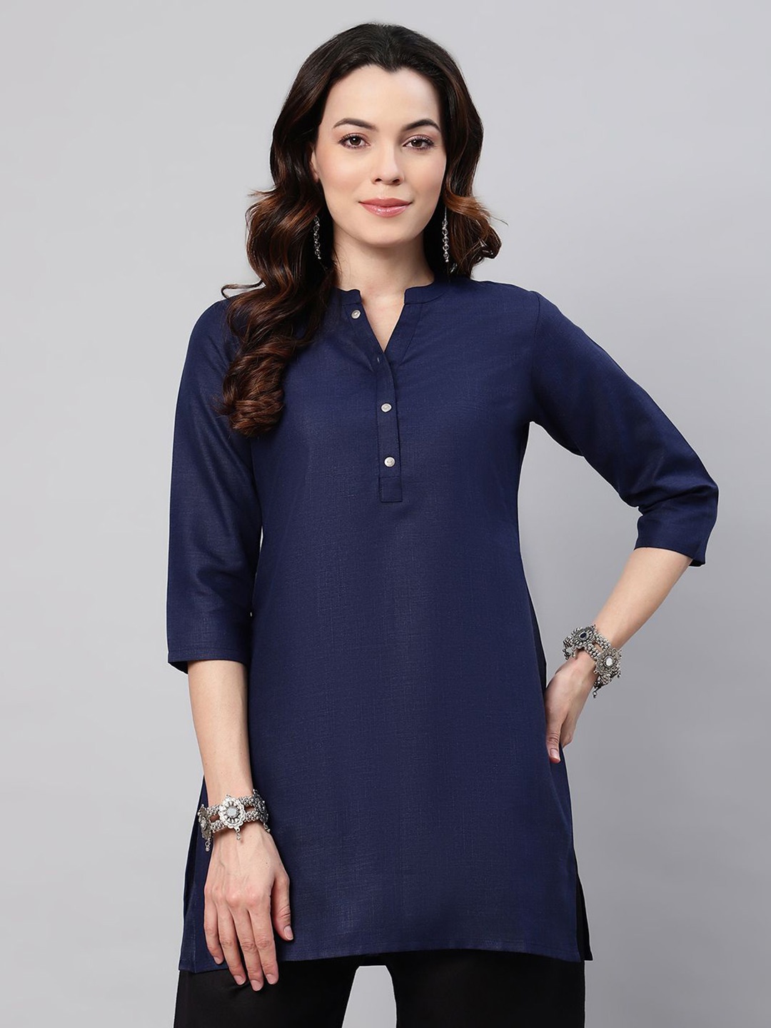 

FLAMBOYANT Women Solid Mandarin Collar Cotton Top, Navy blue