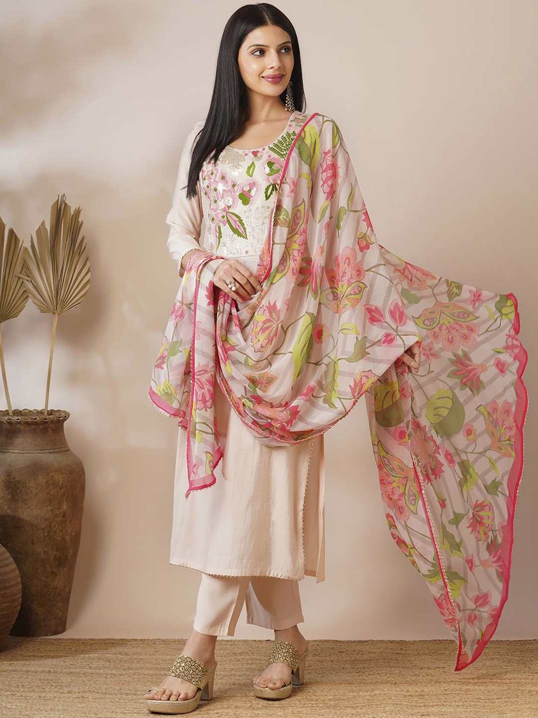

GoSriKi Floral Printed Straight Kurta With Trousers & Dupatta, Cream