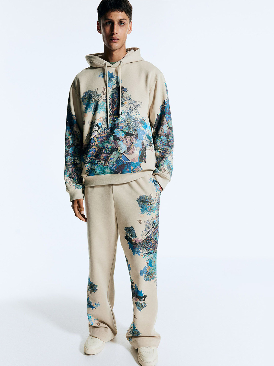 

H&M Floral-Print Cotton Hoodie, Beige