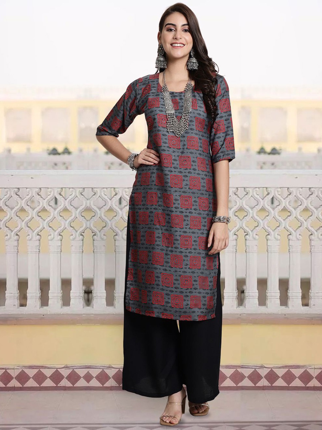 

7Threads Geometric Printed Round Neck Straight Kurta, Grey