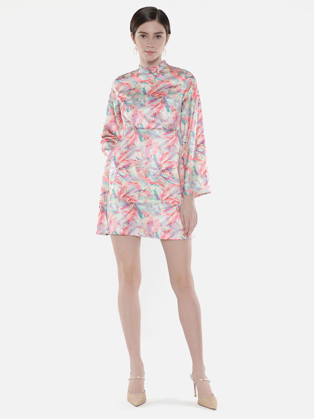 

RAREISM Printed Bell Sleeve Cotton Fit & Flare Mini Dress, Pink