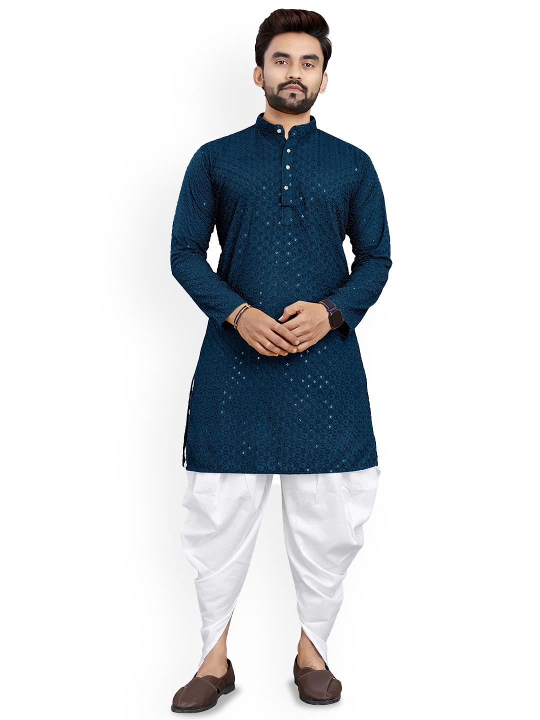 

trustous Floral Embroidered Sequinned Mandarin Collar Straight Kurta with Dhoti Pants, Turquoise blue