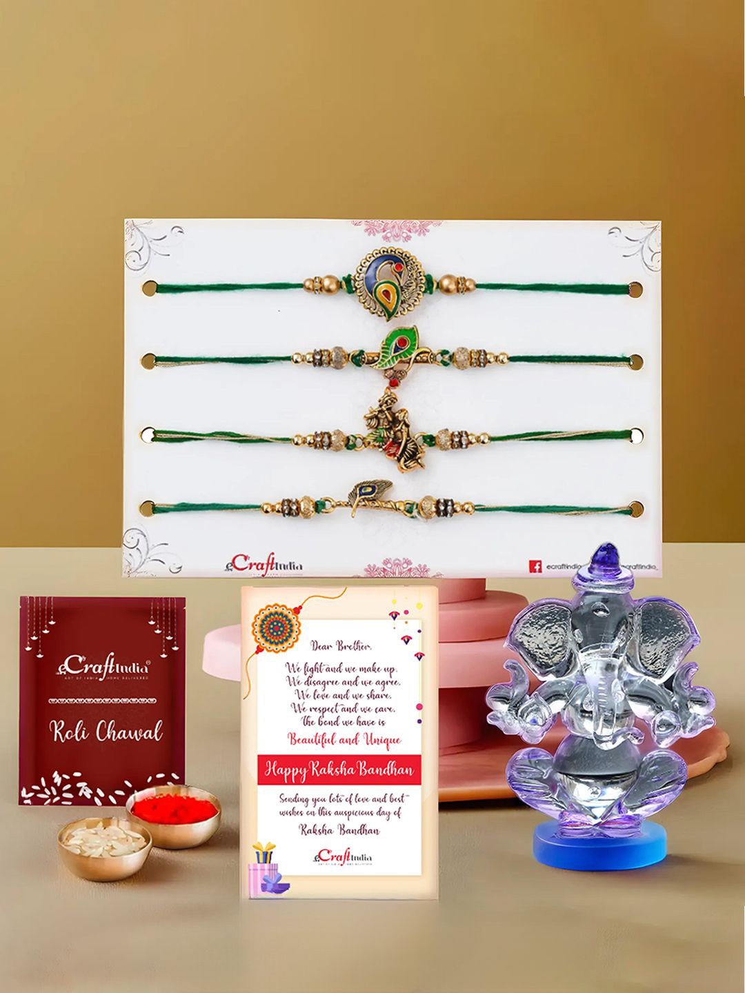 

eCraftIndia Set of 5 Thread Rakhi & Crystal Lord Ganesha Idol With Roli Chawal, Gold