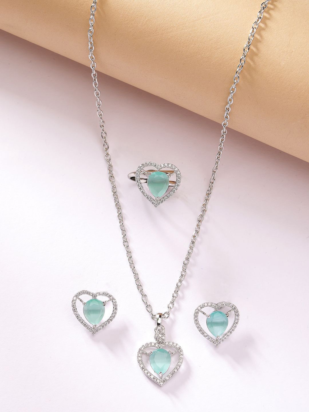 

ZENEME Silver-Plated AD Studded Crystal Heart Necklace and Earrings With Ring