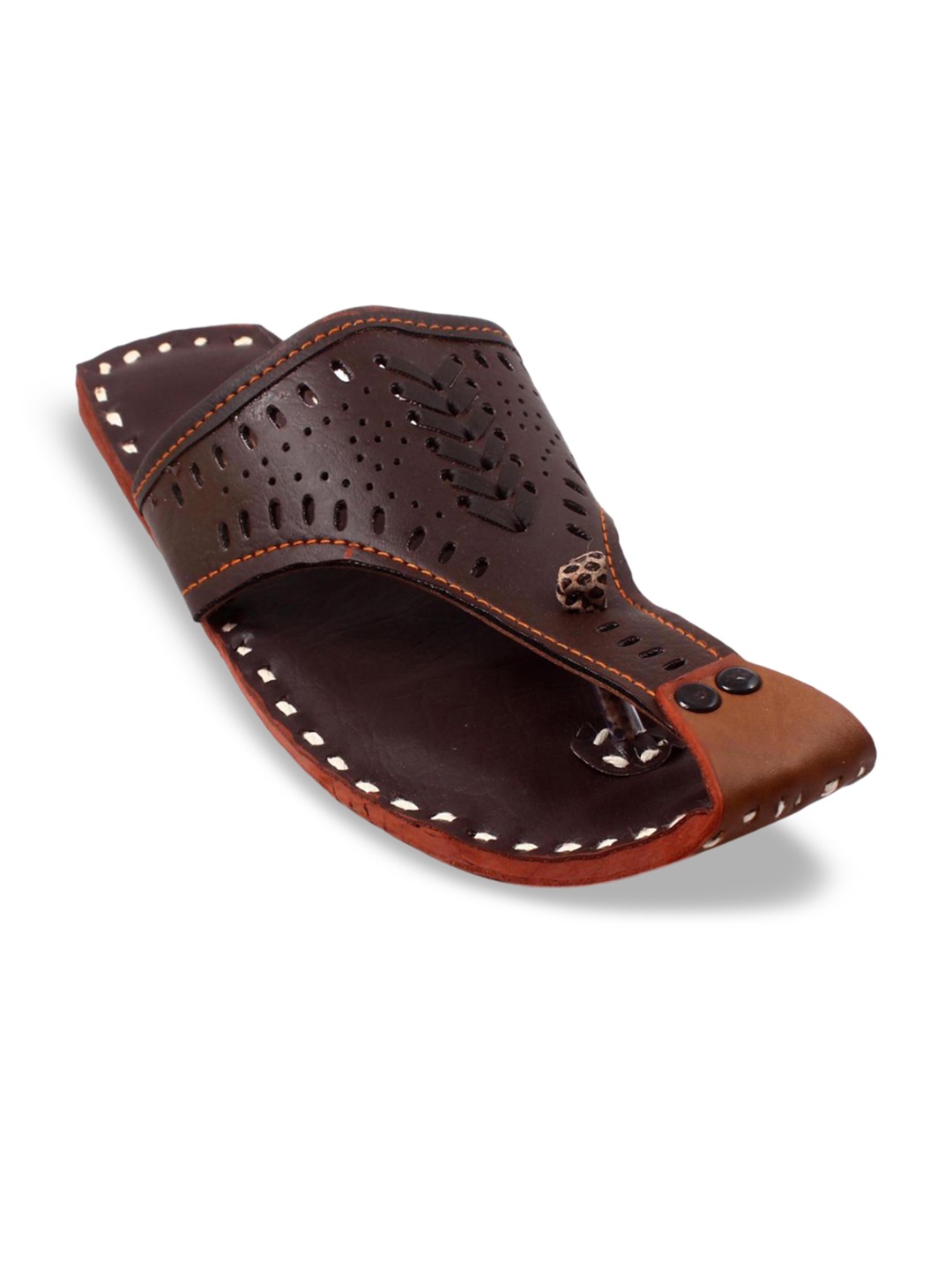 

Apratim Men T-Strap Flats with Laser Cuts, Brown