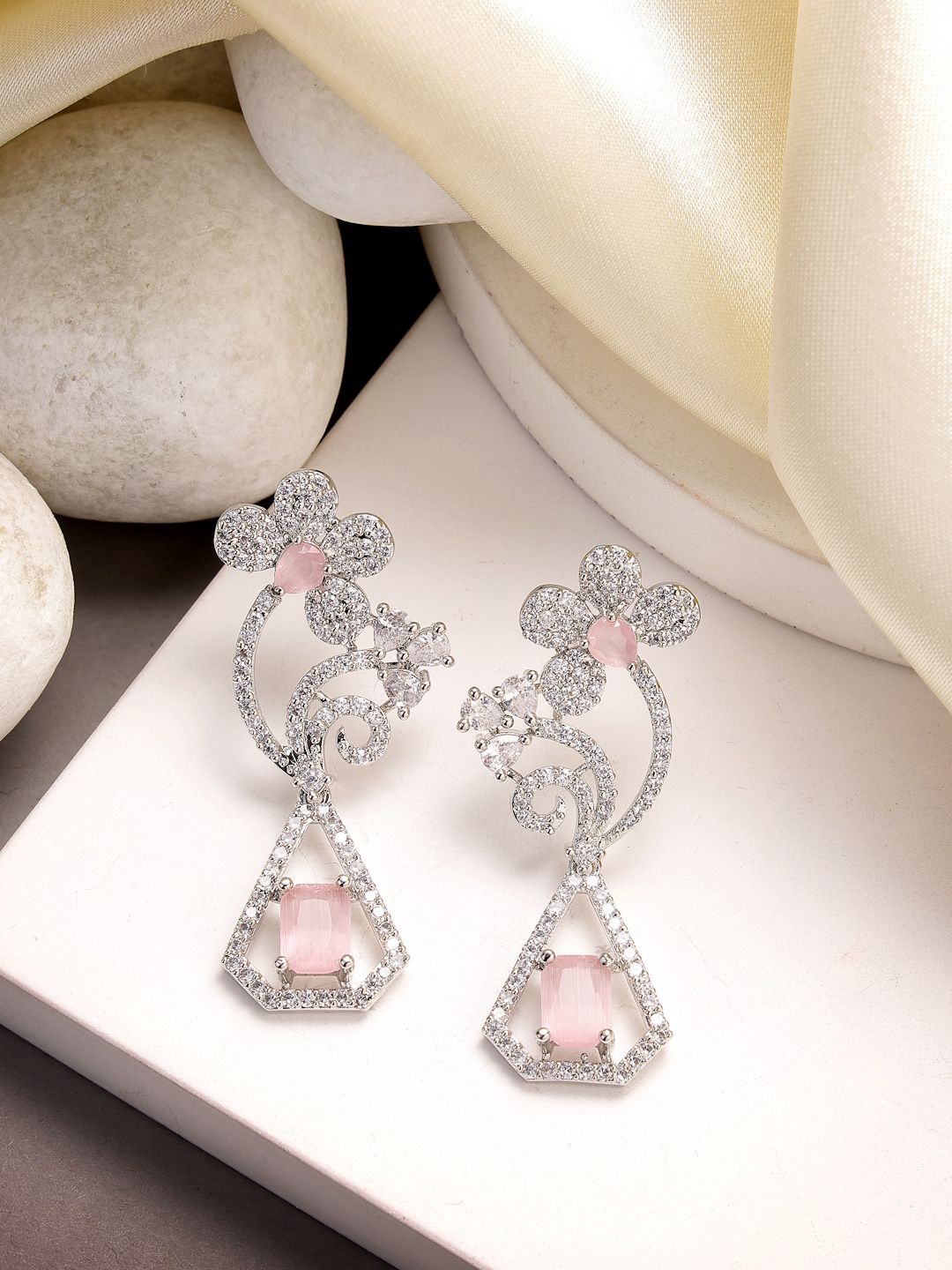 

ZENEME Rhodium Plated American Diamond Floral Drop Earrings, Pink