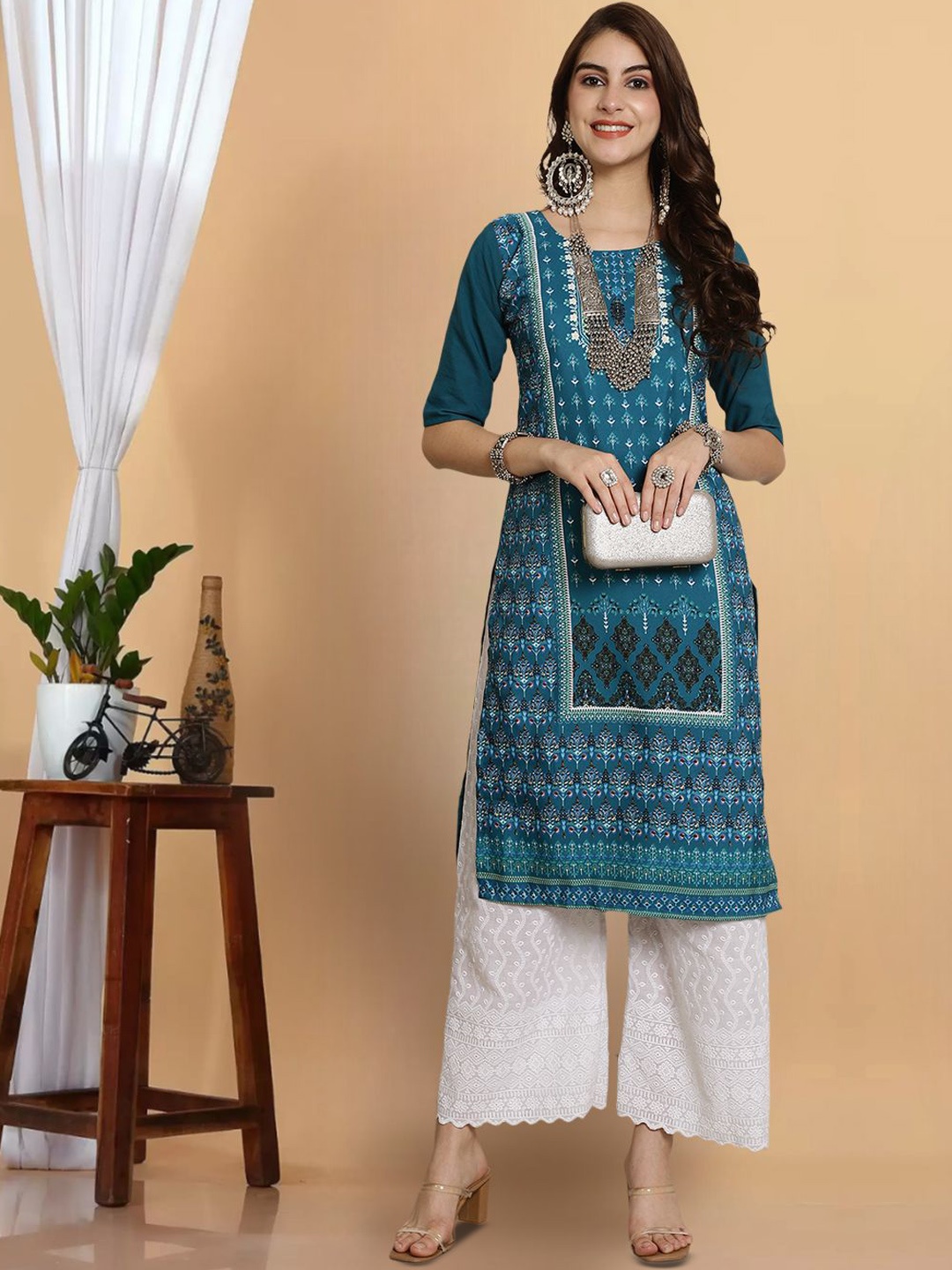 

7Threads Floral Printed Round Neck Straight Kurta, Teal