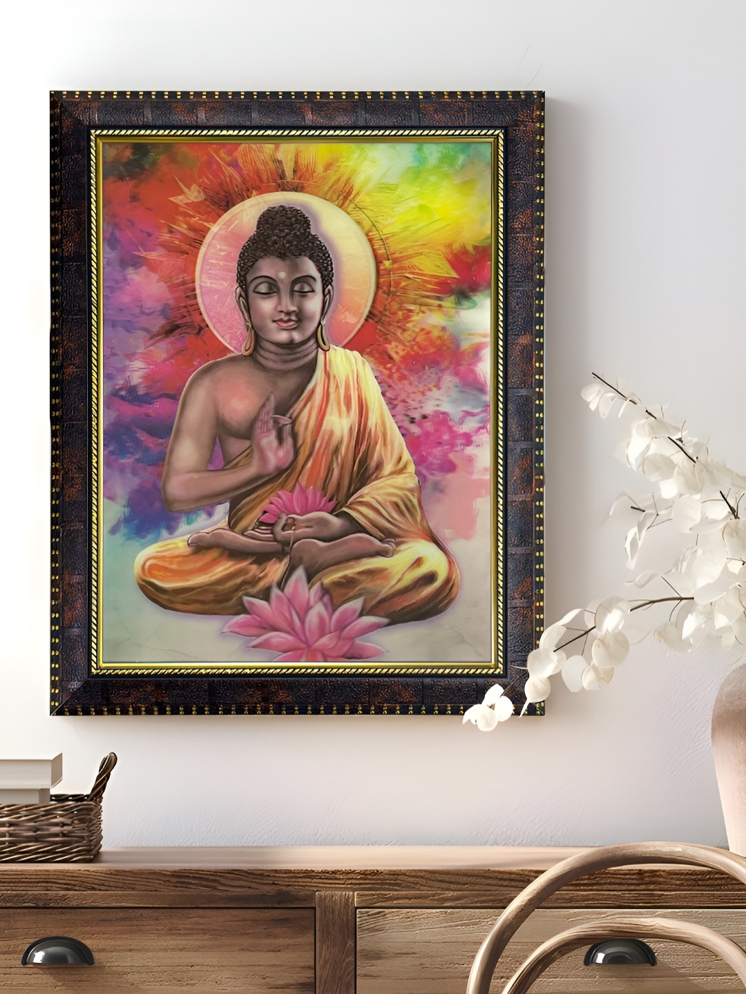 

Art Street Yellow & Pink Lord Buddha Printed Wooden 5D Religious Wall Art