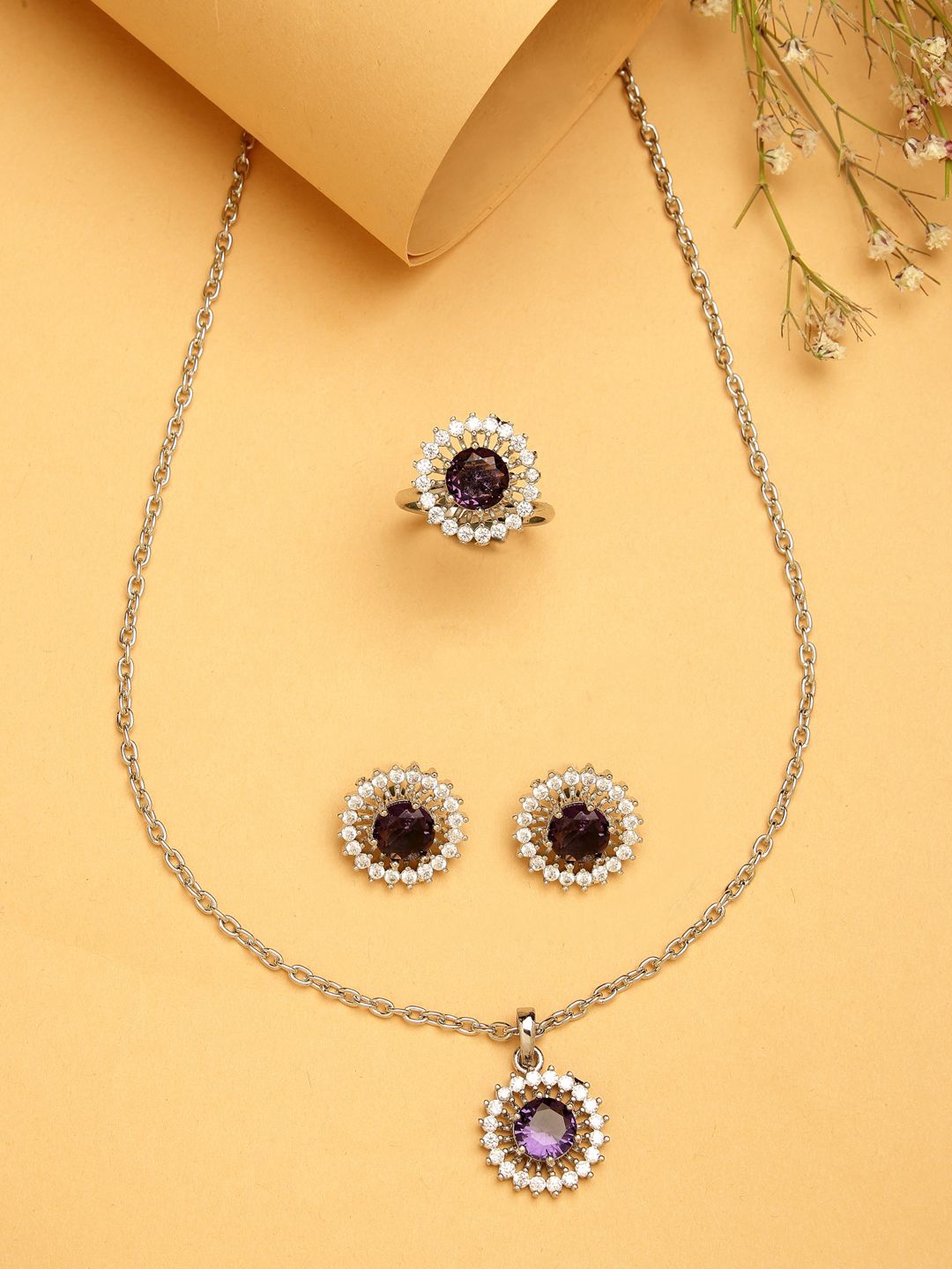 

ZENEME Rhodium-Plated AD Studded Crystal Round Necklace and Earrings With Ring, Silver