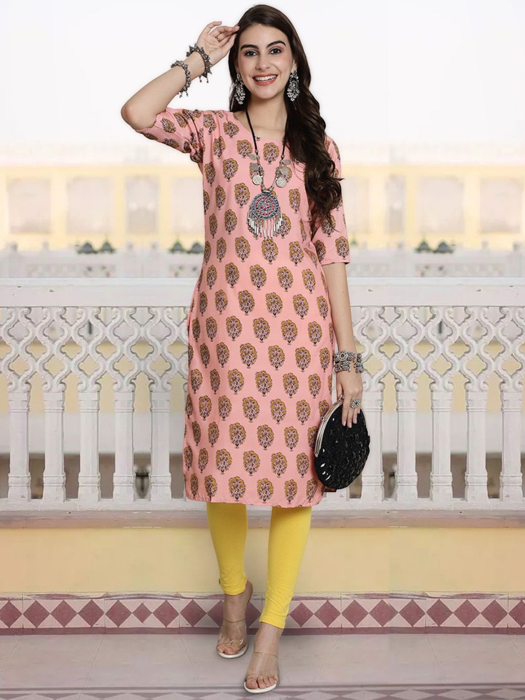 

7Threads Ethnic Motifs Printed Round Neck Straight Kurta, Peach