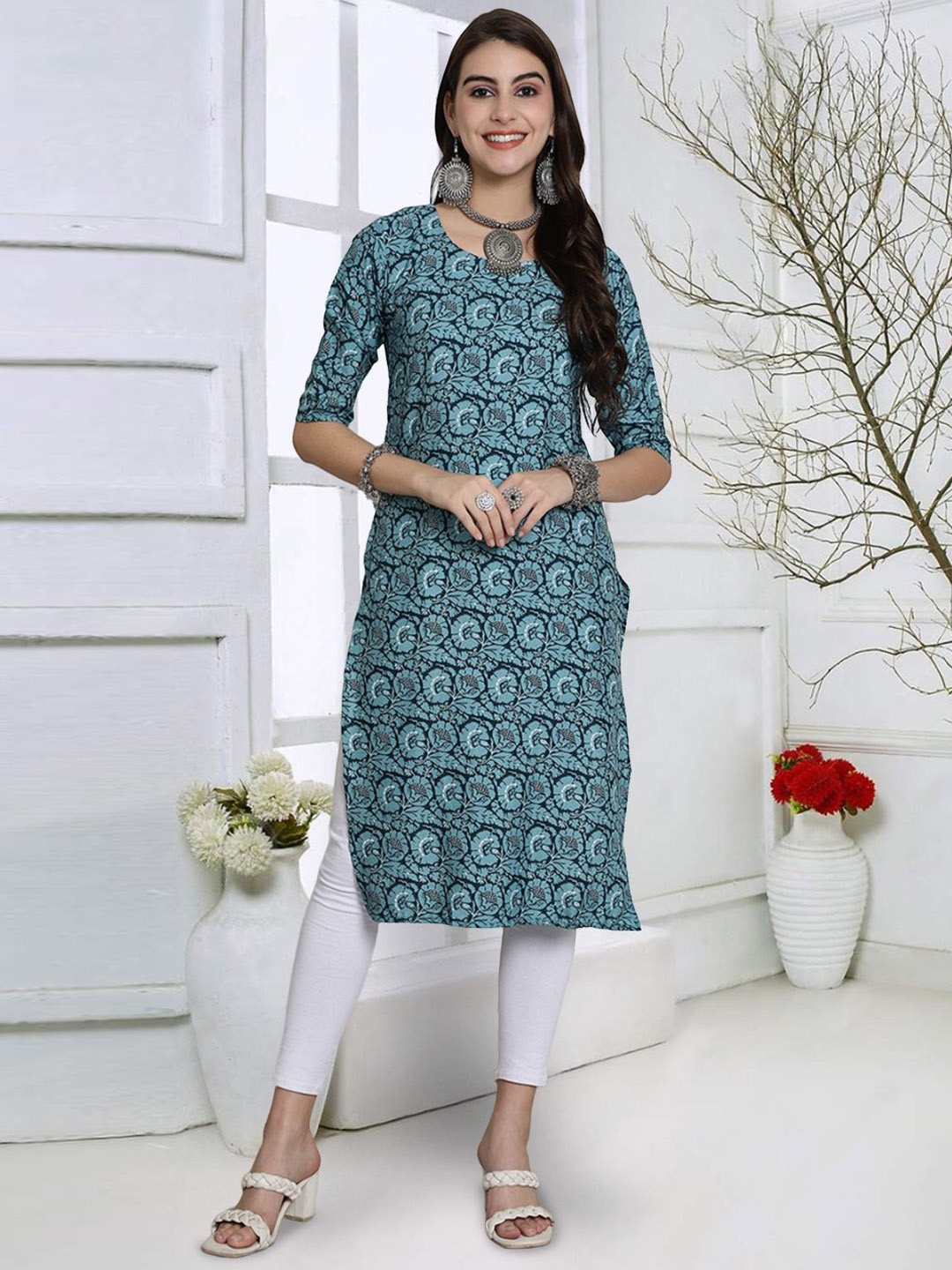 

7Threads Floral Printed Round Neck Short Sleeves Straight Kurta, Turquoise blue