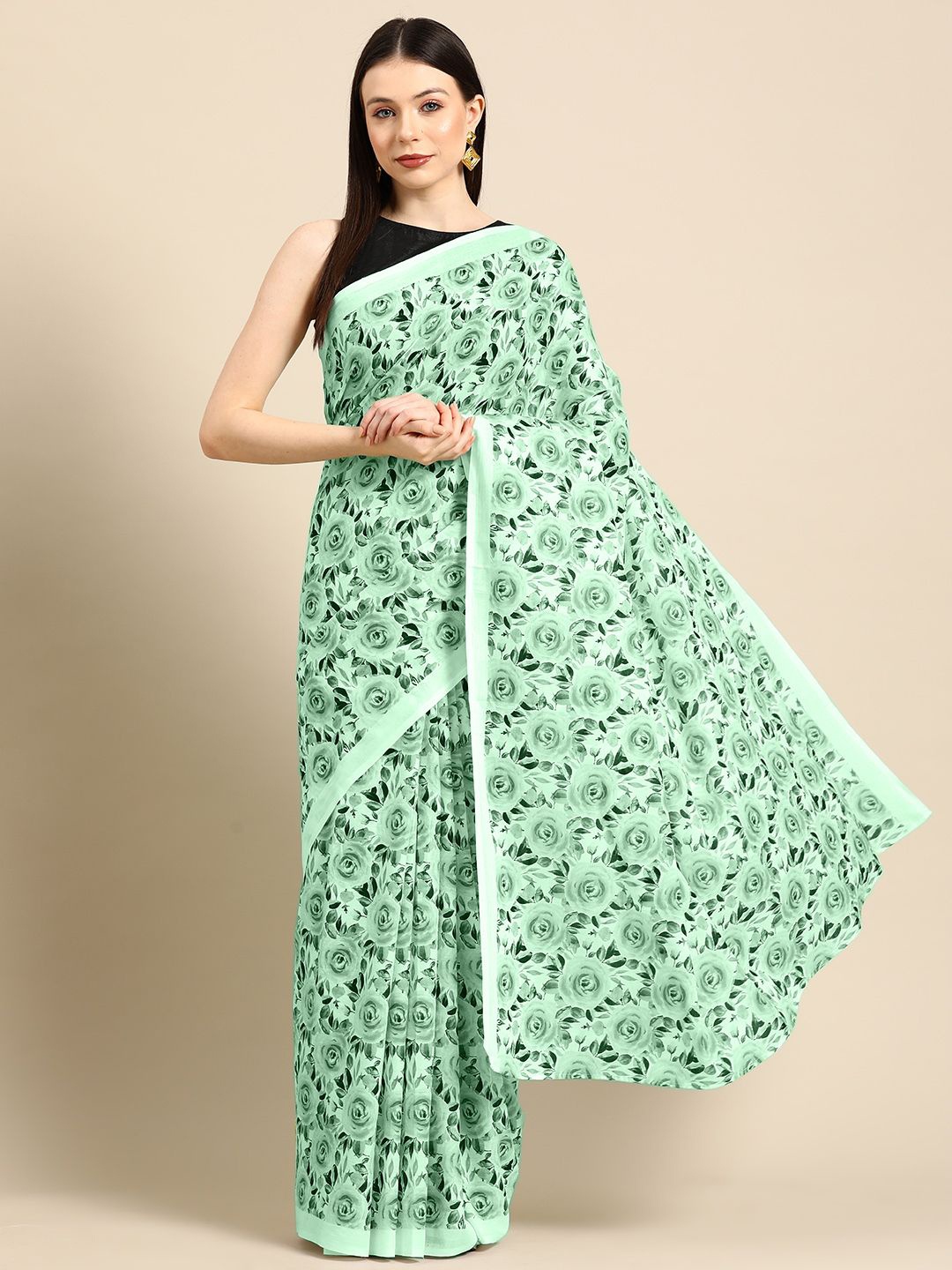 

BUTA BUTI Floral Printed Pure Cotton Saree, Green