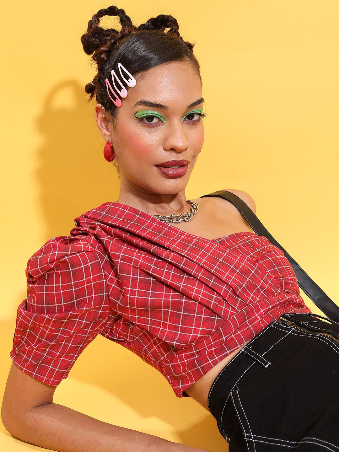 

Tokyo Talkies Checked One Shoulder Crop Top, Maroon