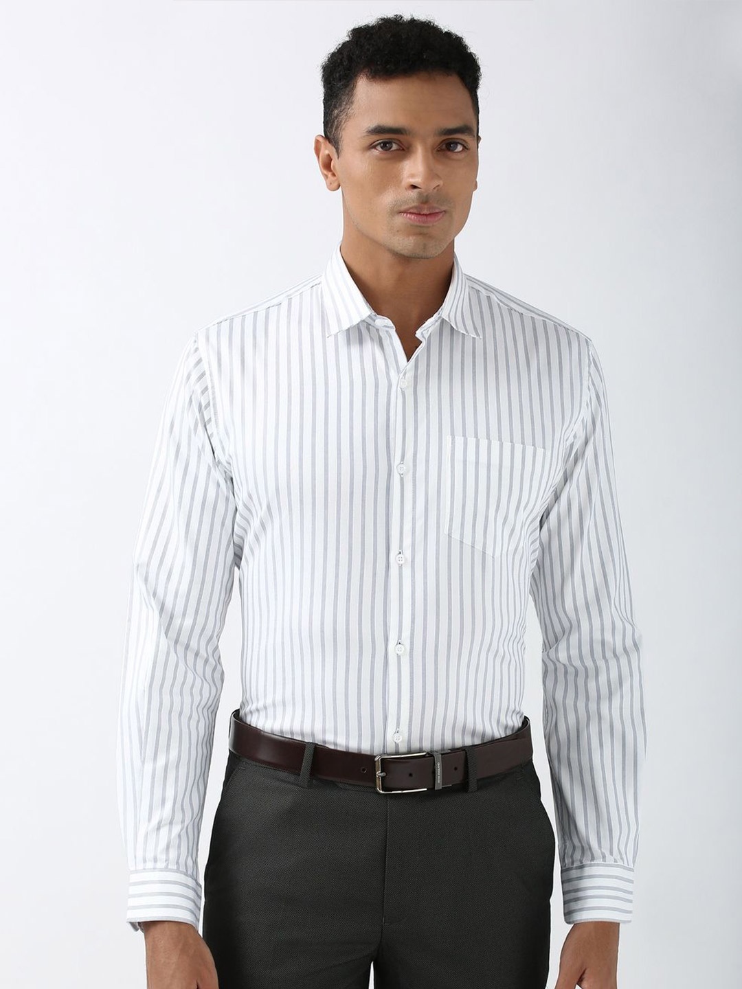 

Peter England Men Spread Collar Striped Cotton Slim Fit Formal Shirt, White