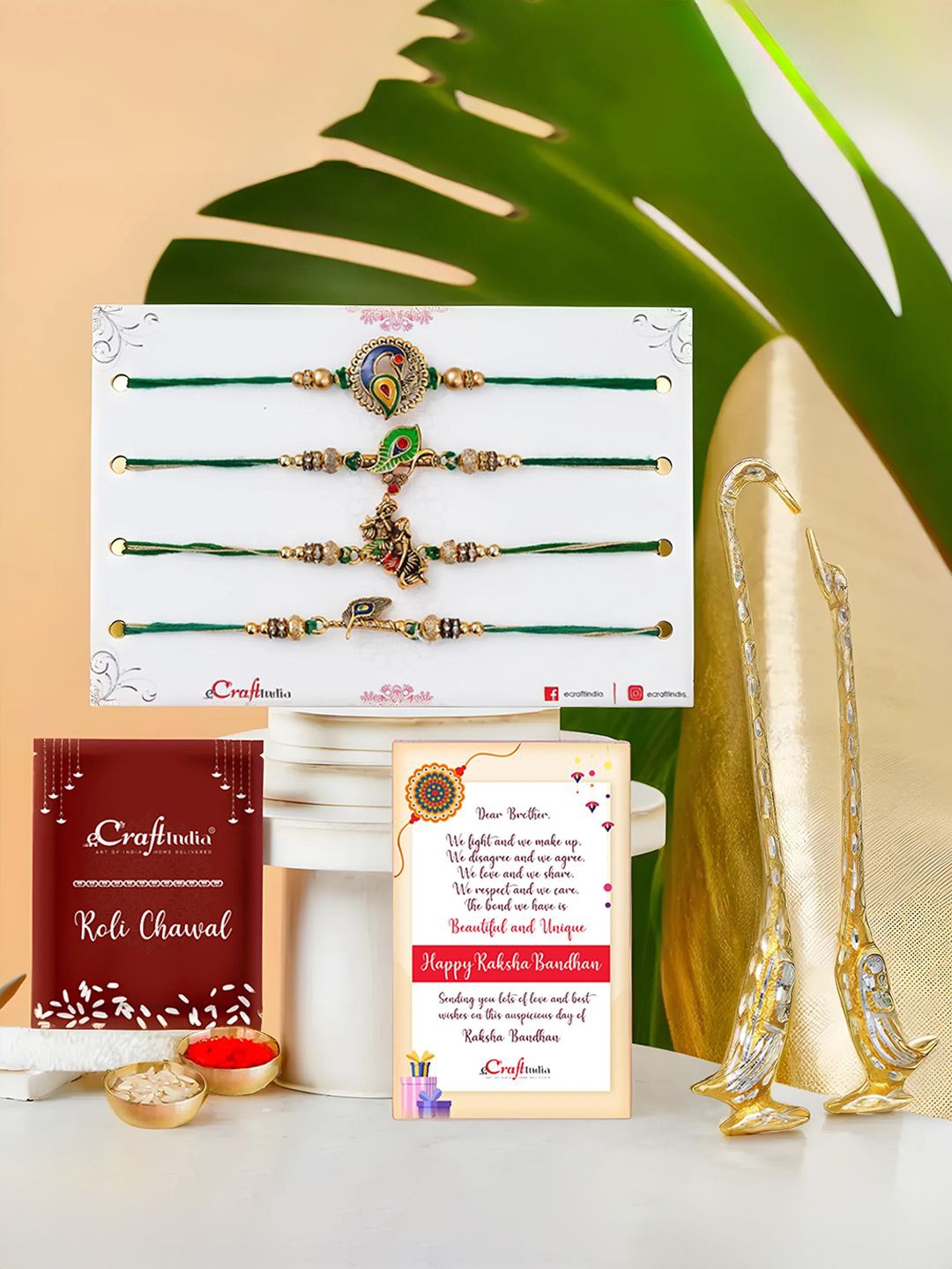 

eCraftIndia Set Of 5 Rakhi With Swan Statues & Roli Chawal Gift Set, Green