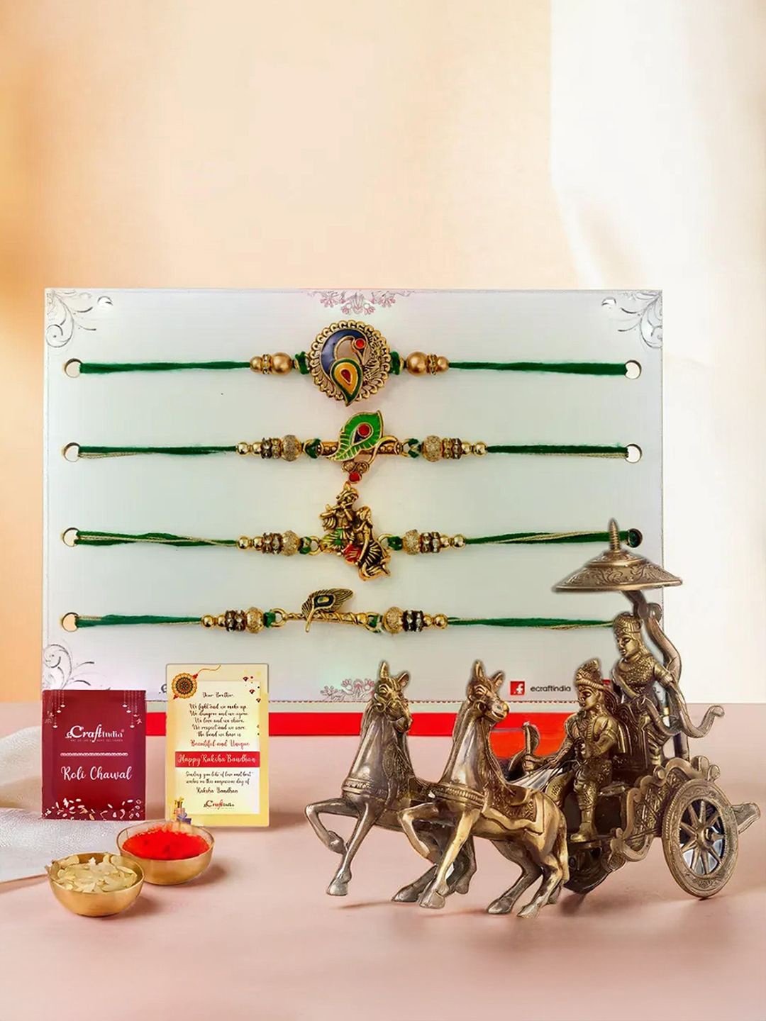 

eCraftIndia Set Of 5 Rakhi With Showpiece & Greeting Card & Roli Chawal Gift Set, Gold