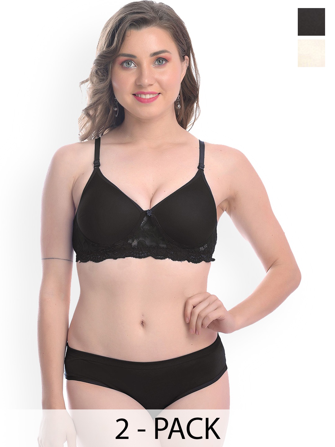 

AROUSY Pack Of 2 Cotton Lightly-Padded Lingerie Sets, Black