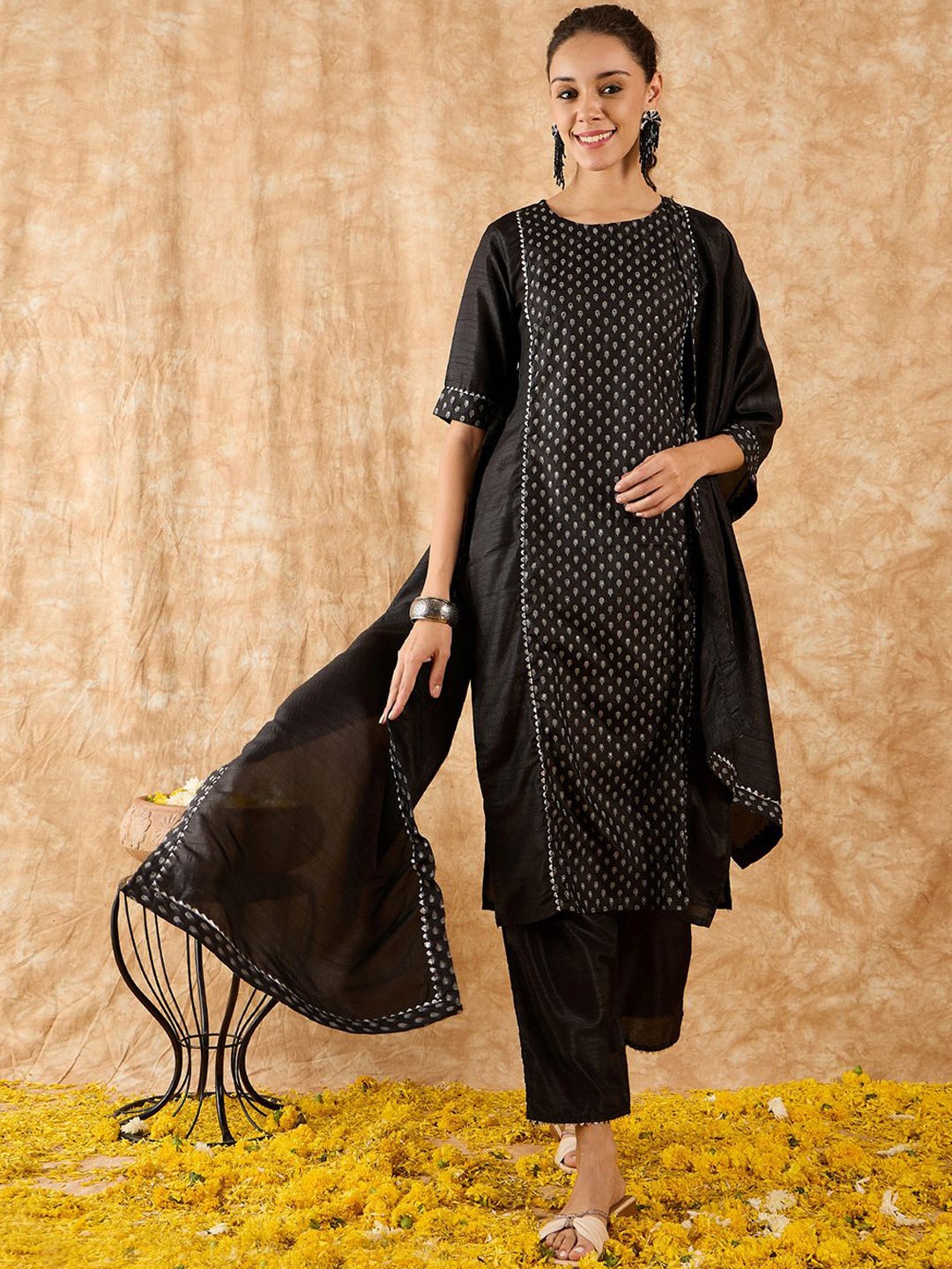 

Indo Era Floral Printed Straight Gotta Patti Kurta with Trousers & Dupatta, Black