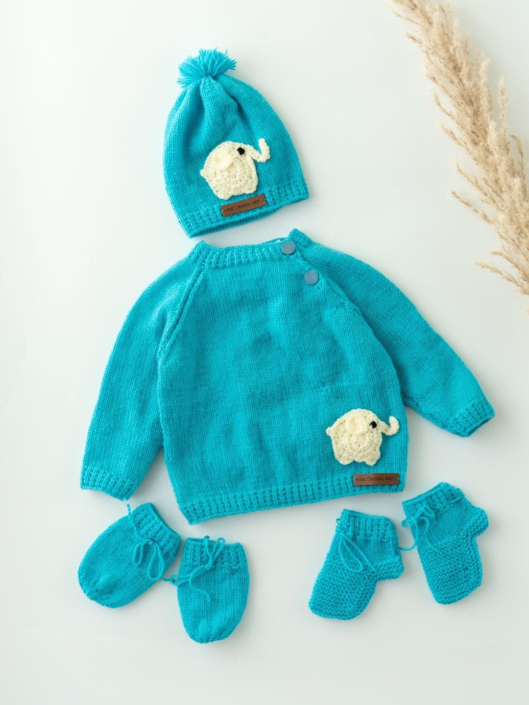 

The Original Knit Infants 4-Pcs Elephant Patch Acrylic Baby Apparel Set, Blue