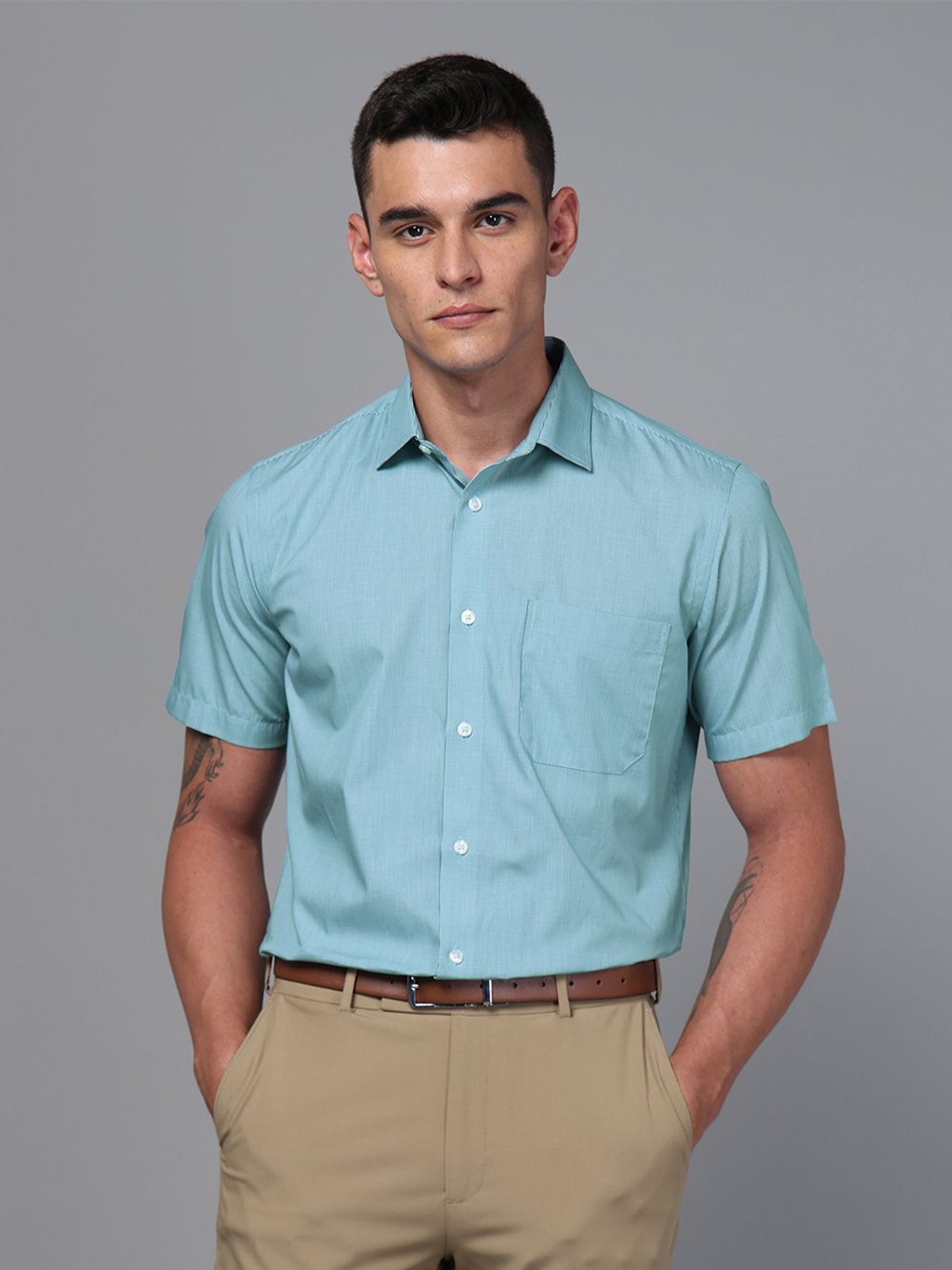 

DON VINO Men Spread Collar Striped Cotton Slim Fit Semiformal Shirt, Green
