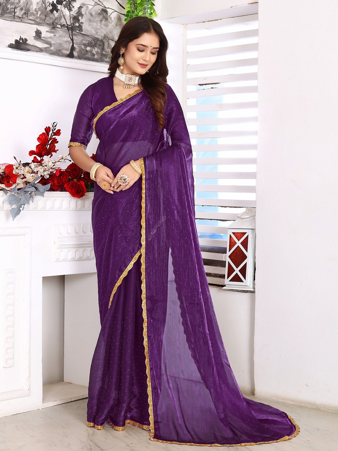 

DHARMEE Embellished Beads and Stones Designer Saree, Purple