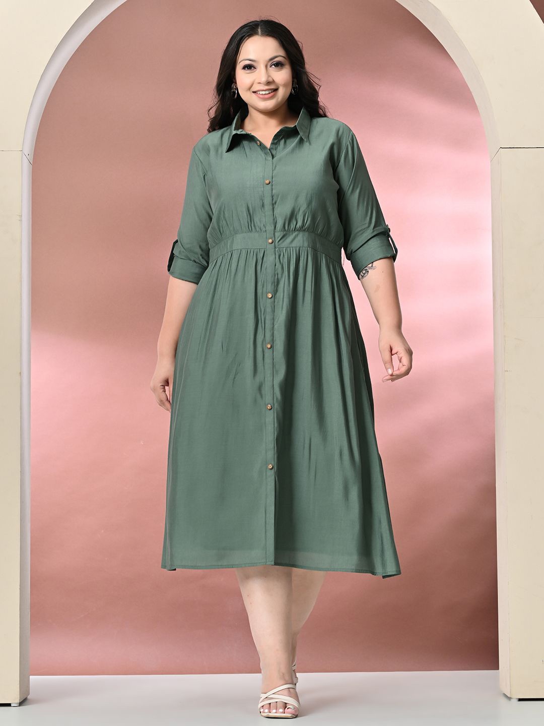 

PrettyPlus by Desinoor.com Plus Size Roll-Up Sleeve Shirt Midi Dress, Green