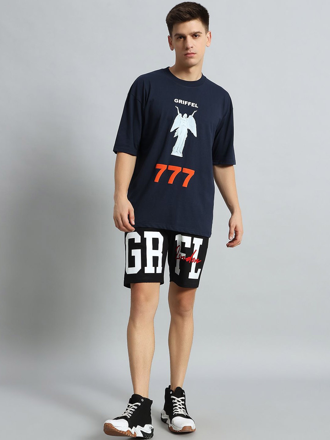 

GRIFFEL Printed Pure Cotton T-Shirt With Shorts, Navy blue