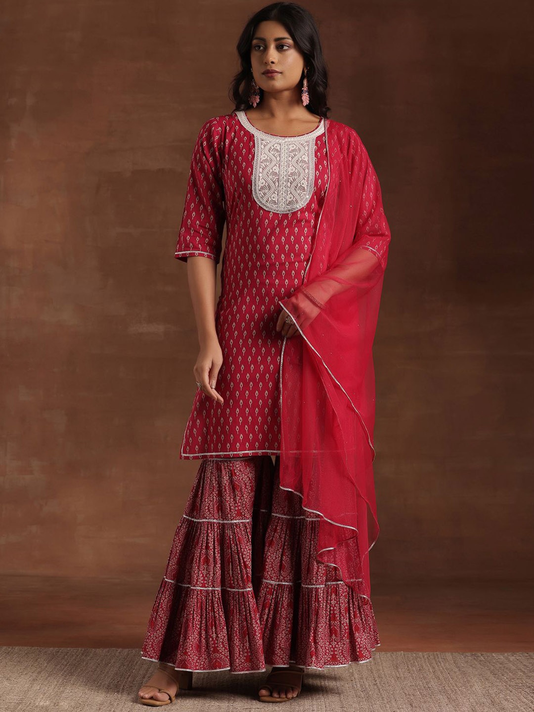 

Libas Ethnic Motifs Printed Thread Work Pure Cotton Kurta with Sharara & Dupatta, Pink