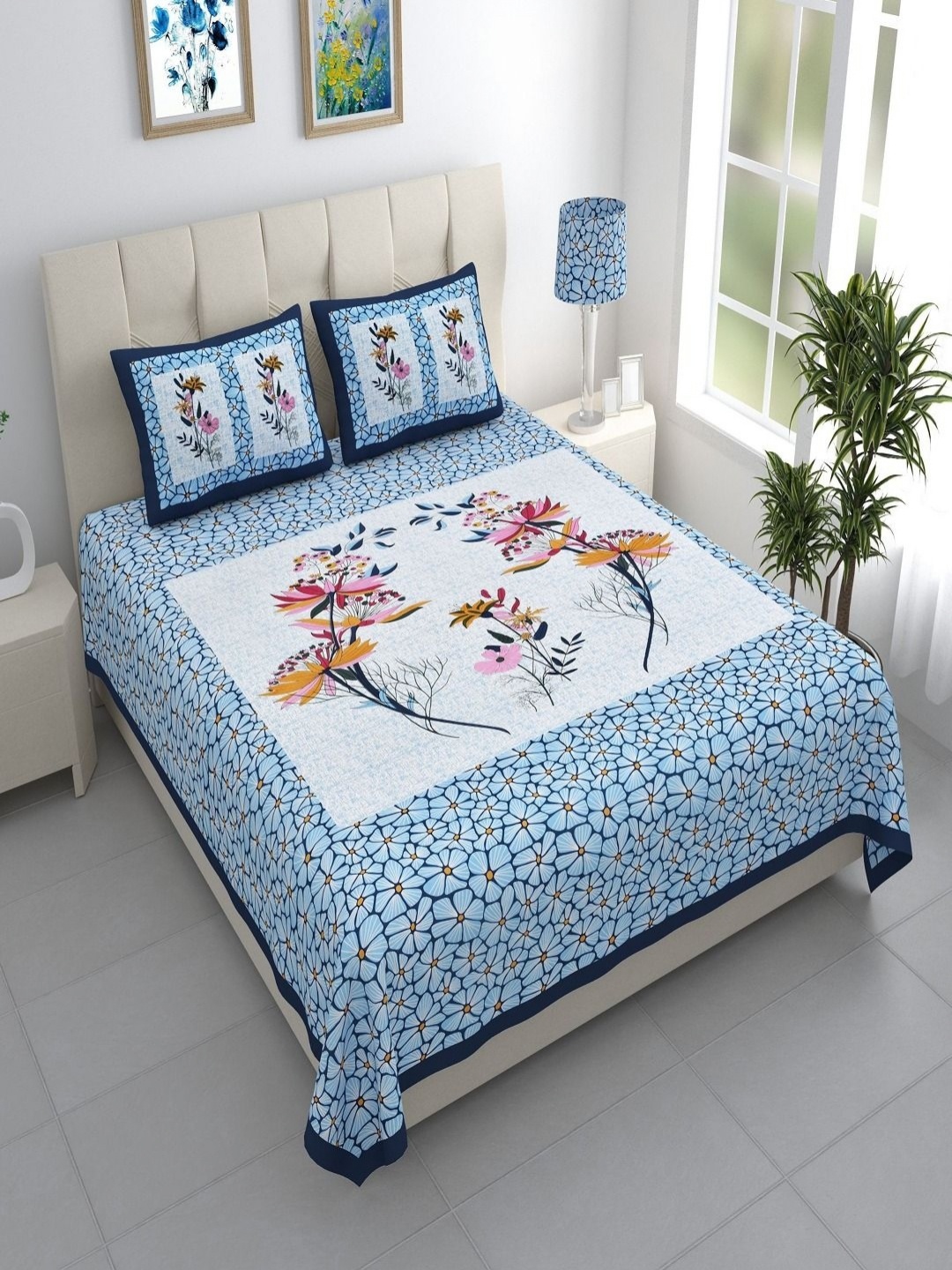 

Aura Blue & White Floral 144 TC King Bedsheet with 2 Pillow Covers