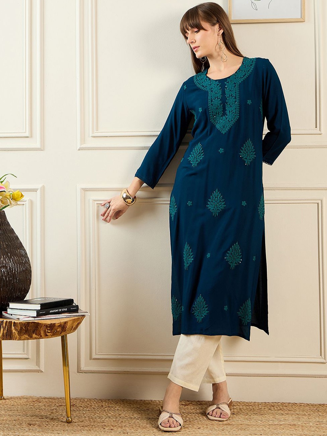 

Indo Era Ethnic Motifs Embroidered Round Neck Thread Work Straight Kurta, Teal
