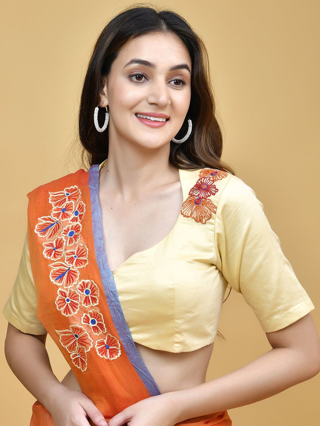 

THE SAFFRON SAGA Floral Embroidered Pure Cotton Saree Blouse, Yellow