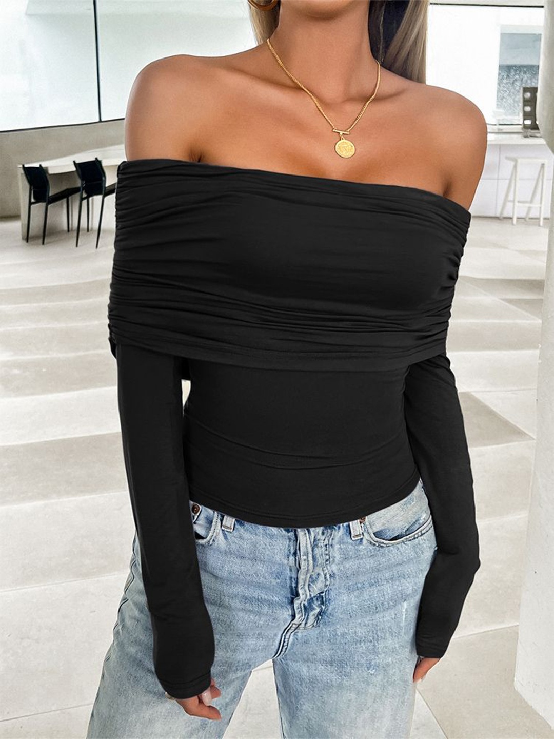 

HERE&NOW Women Solid Off-Shoulder Top, Black