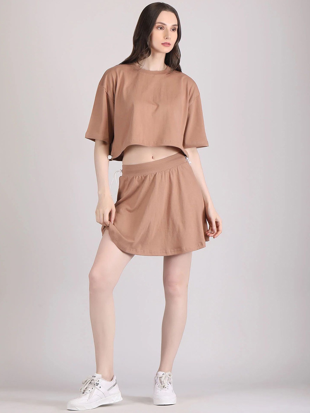 

Raxedo Round Neck Pure Cotton T-Shirt With Skirt, Brown