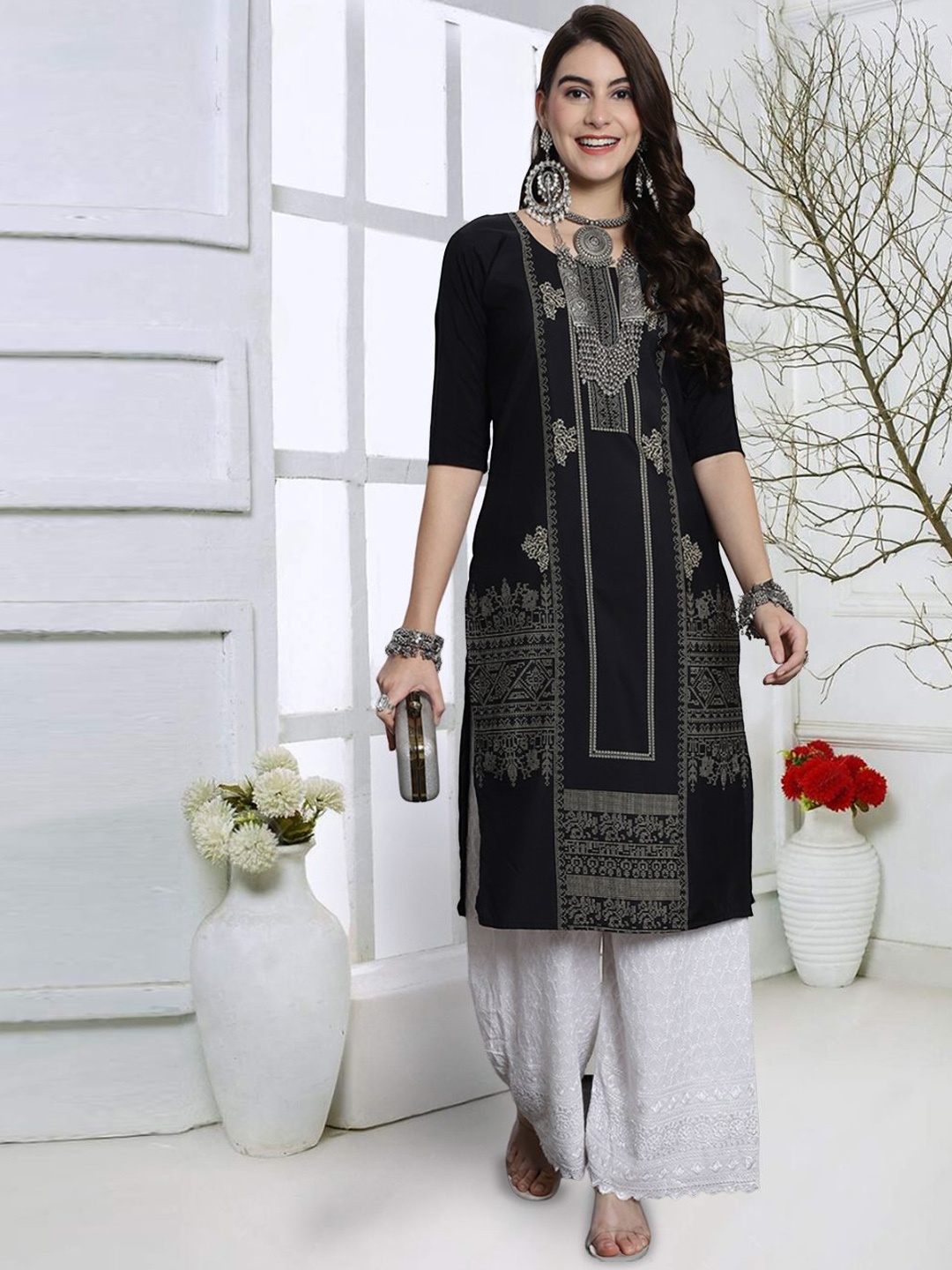 

7Threads Ethnic Motifs Printed Round Neck Woven Design Straight Kurta, Black