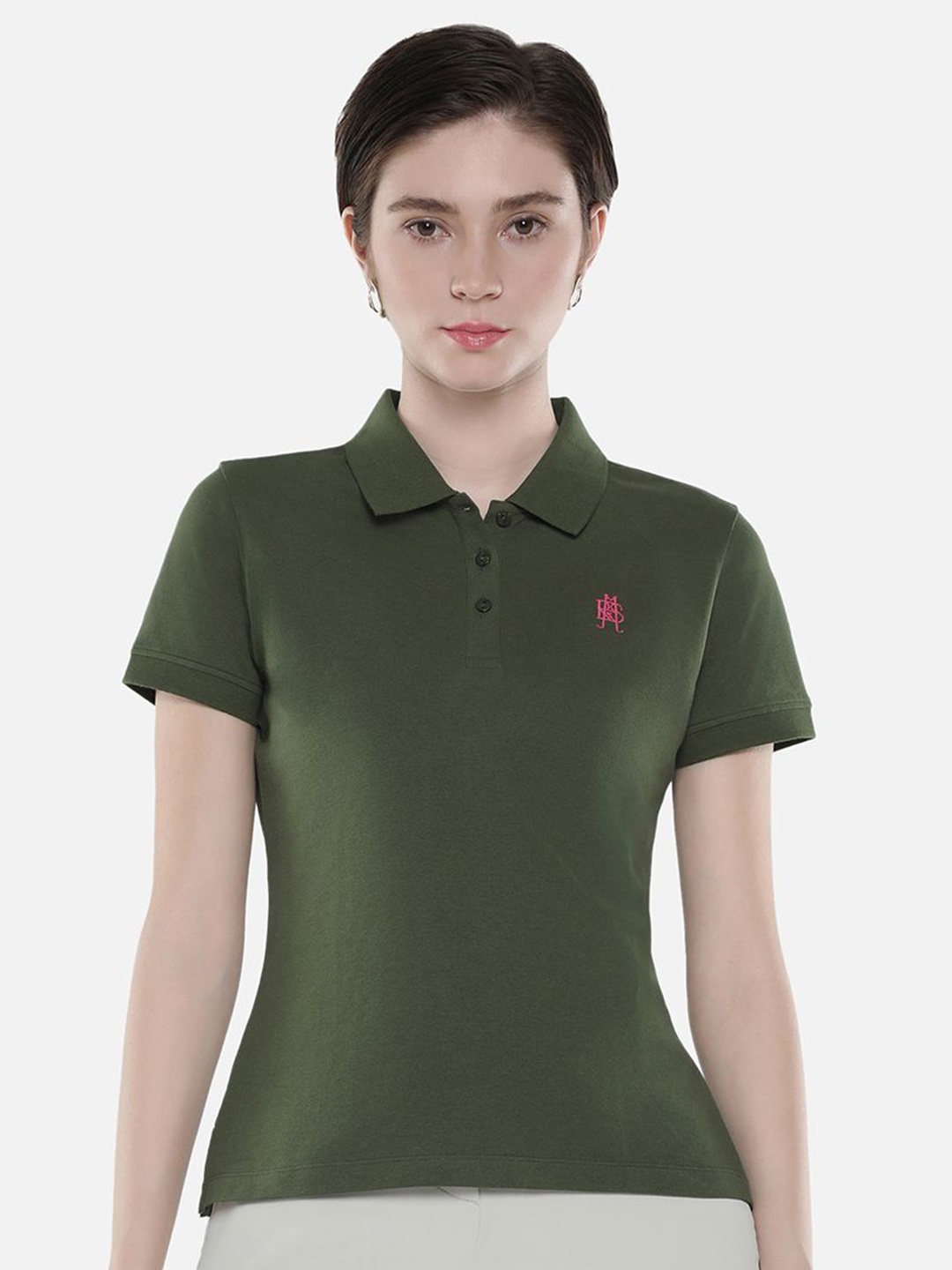 

RAREISM Women Solid Polo Collar Cotton T-Shirt, Olive