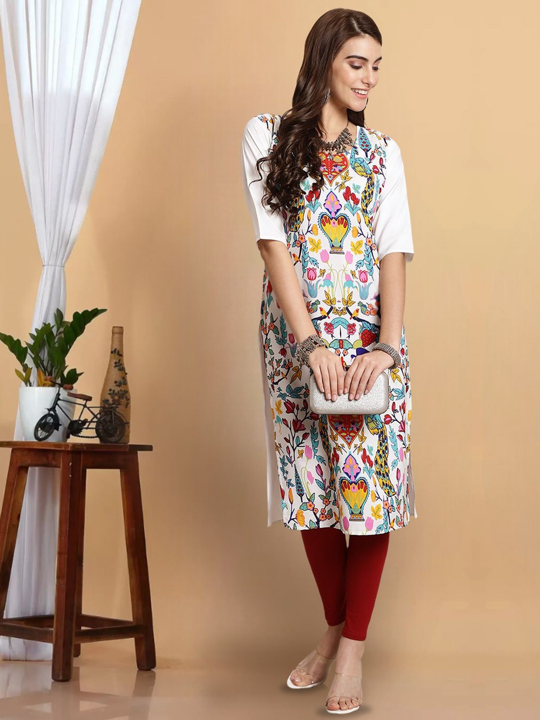 

7Threads Ethnic Motifs Printed Round Neck Straight Kurta, White