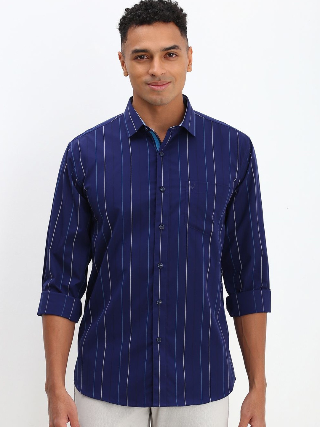 

Allen Solly Men Spread Collar Striped Cotton Slim Fit Casual Shirt, Navy blue