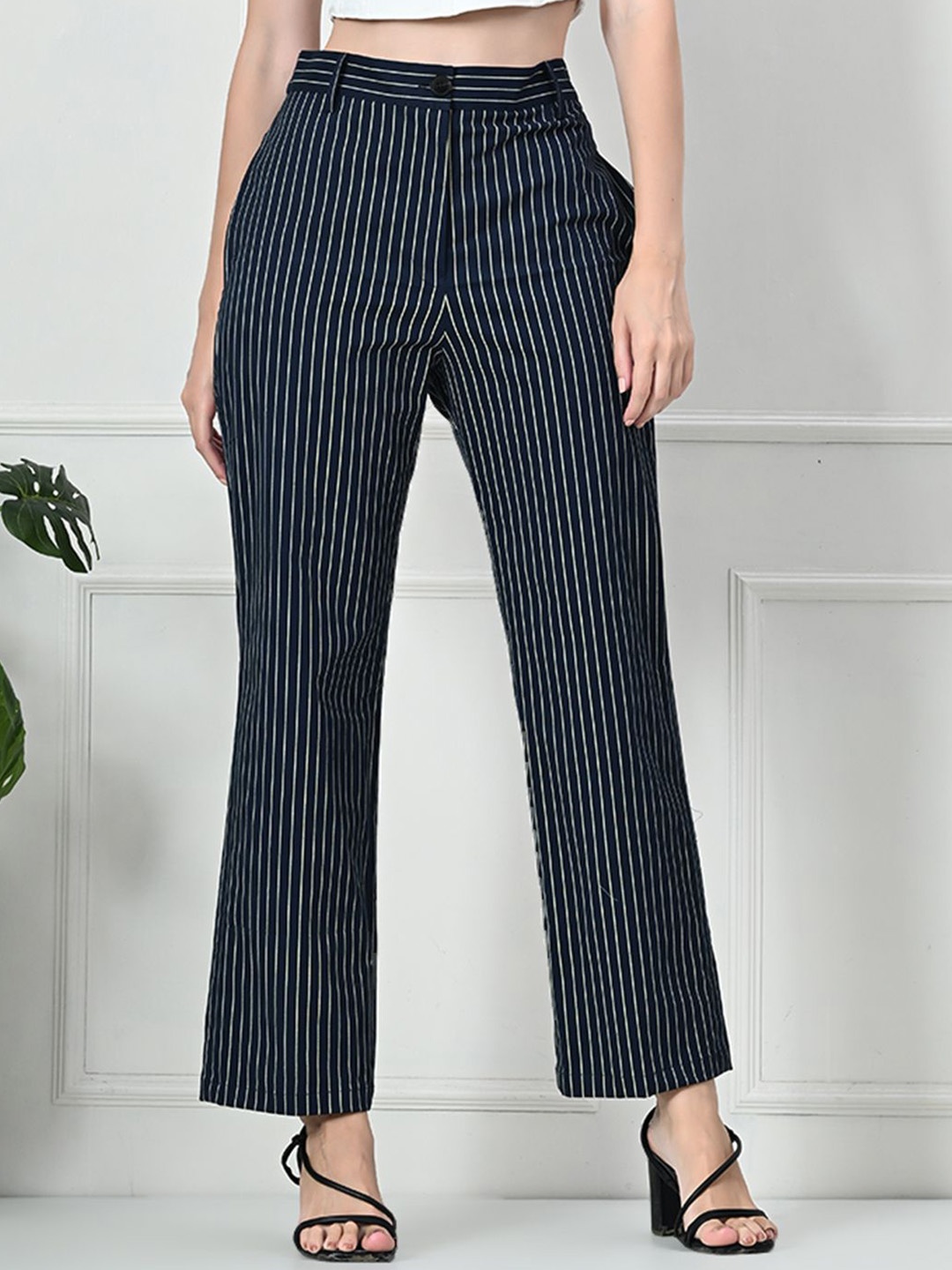 

Tushita Women Striped Straight Fit Trousers, Navy blue