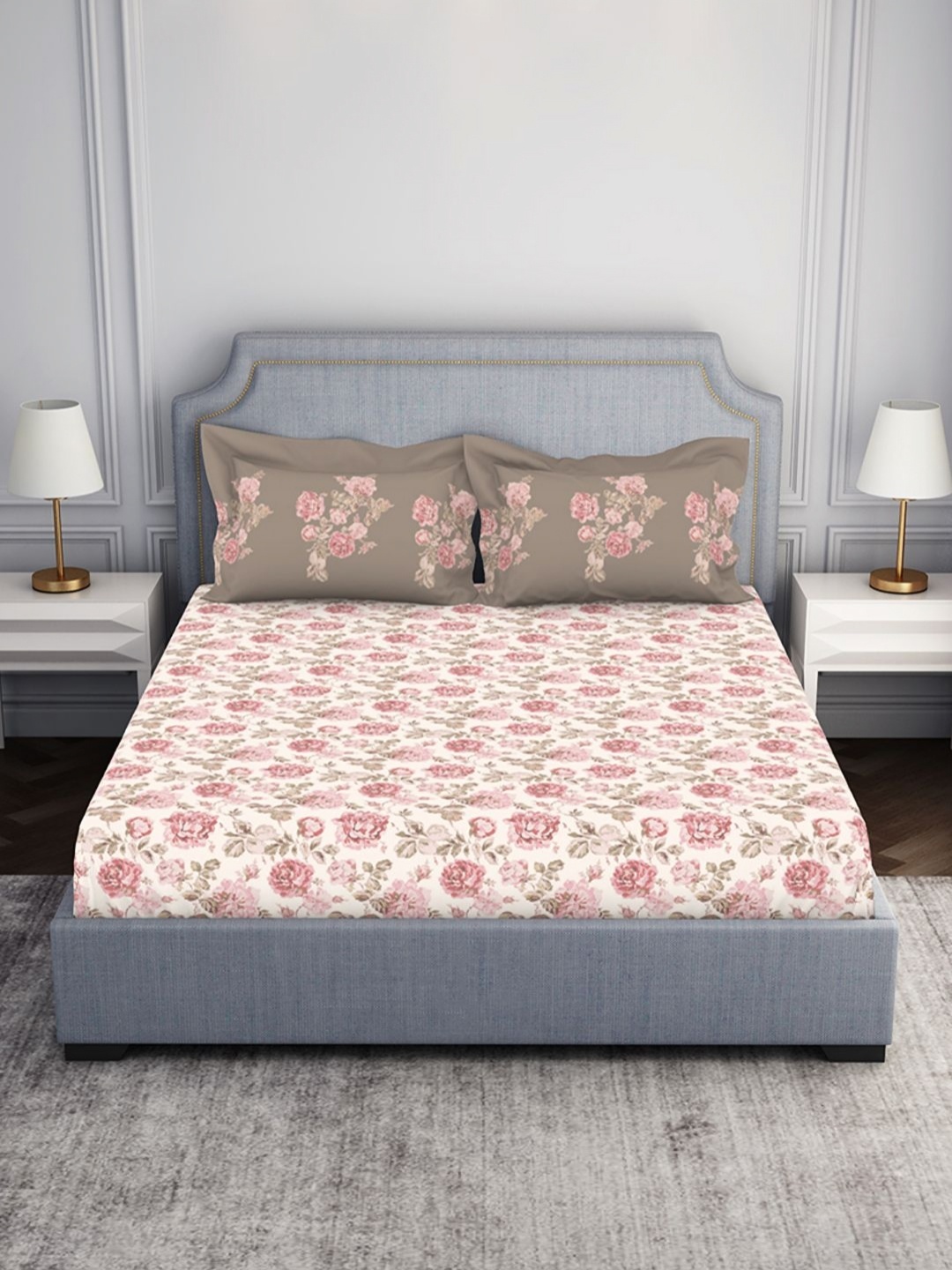 

SPACES Pink & Green Floral 144 TC Queen Bedsheet with 2 Pillow Covers
