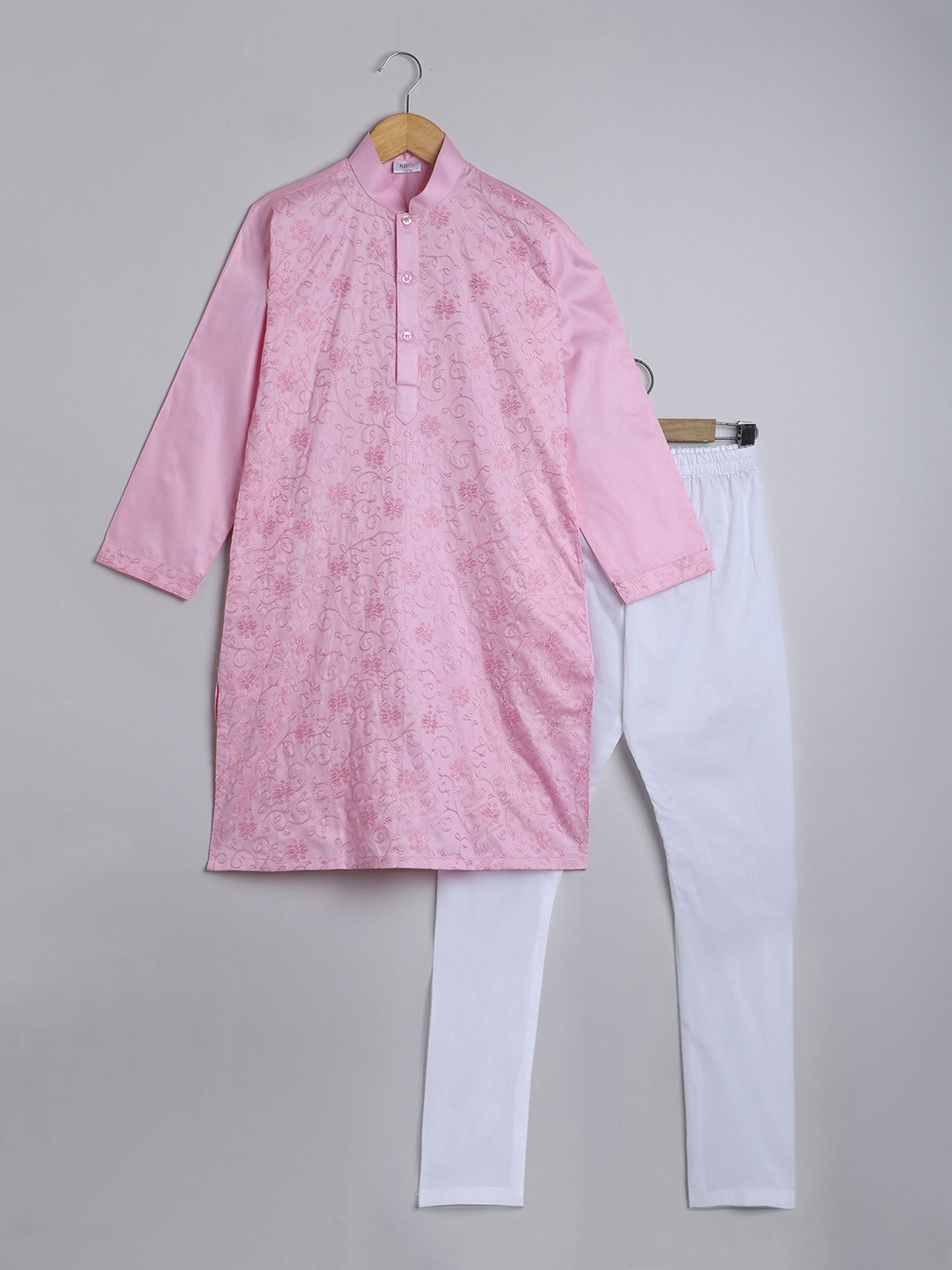 

Little Clothings Boys Floral Embroidered Regular Cotton Silk Kurta With Churidar, Pink