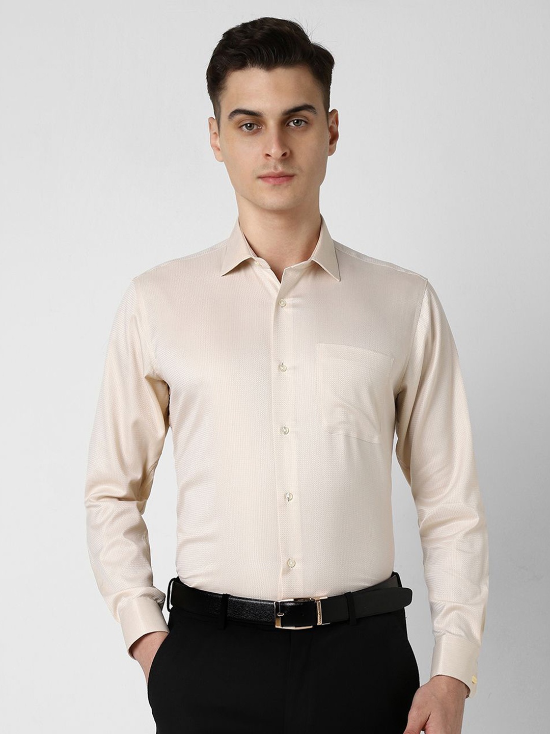 

Van Heusen Men Spread Collar Solid Cotton Formal Shirt, Beige