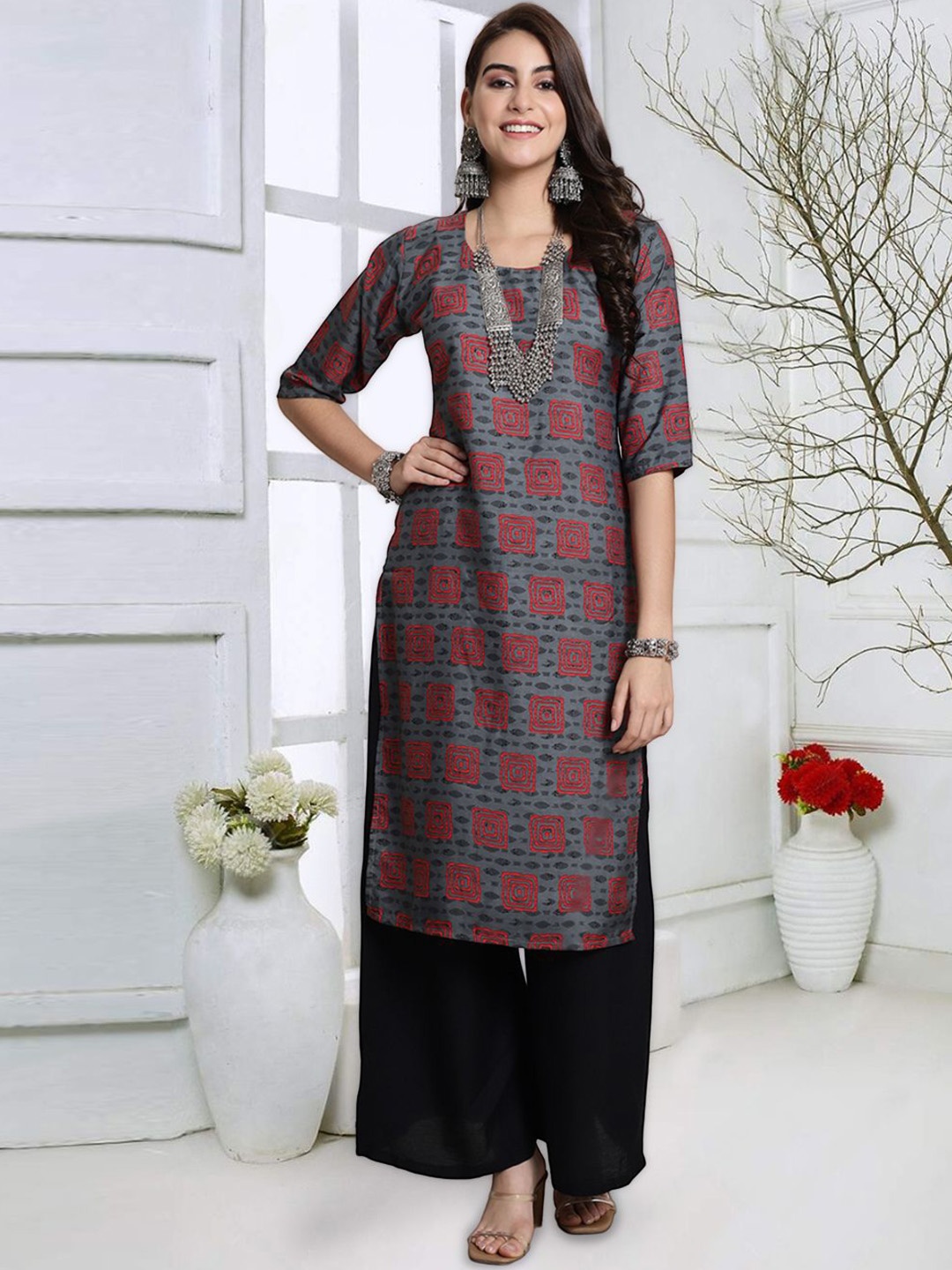 

7Threads Geometric Printed Round Neck Three-Quarter Sleeves Straight Kurta, Grey