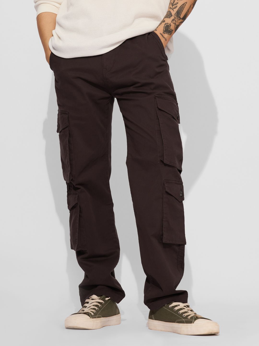 

The Souled Store Men Straight Fit Cargos Trousers, Brown