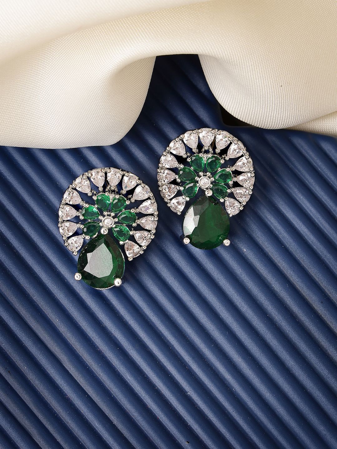 

ZENEME Rhodium-Plated American Diamond Studded Teardrop Shaped Studs, Green