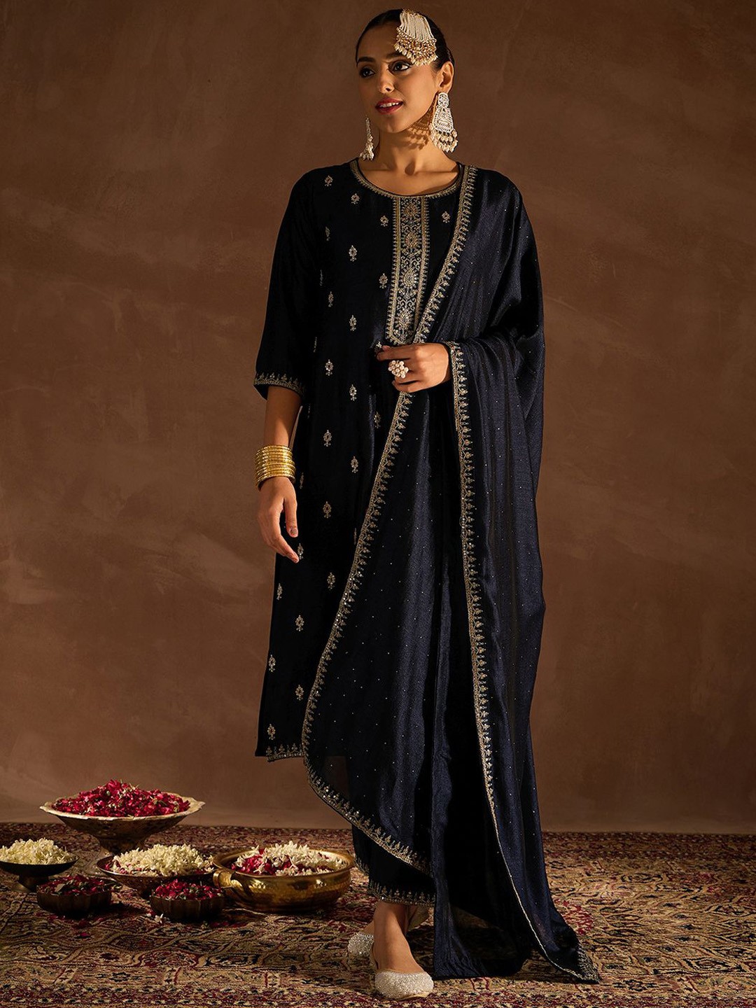 

Indo Era Ethnic Motifs Embroidered Sequinned Straight Kurta With Trousers & Dupatta, Navy blue