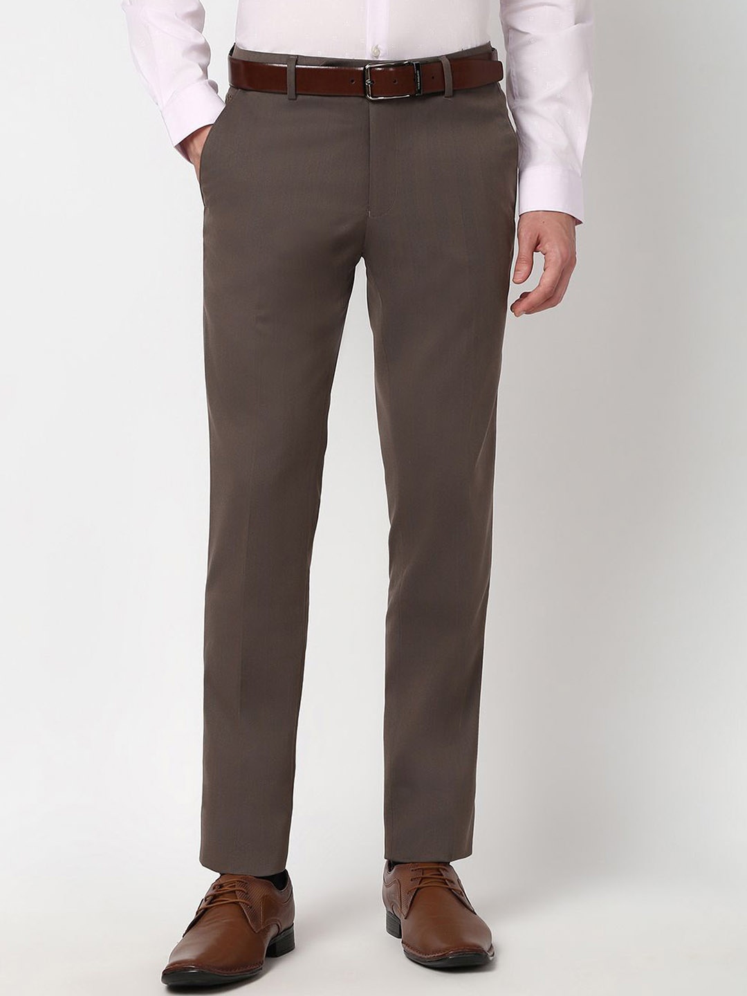 

Peter England Men Striped Trousers, Brown