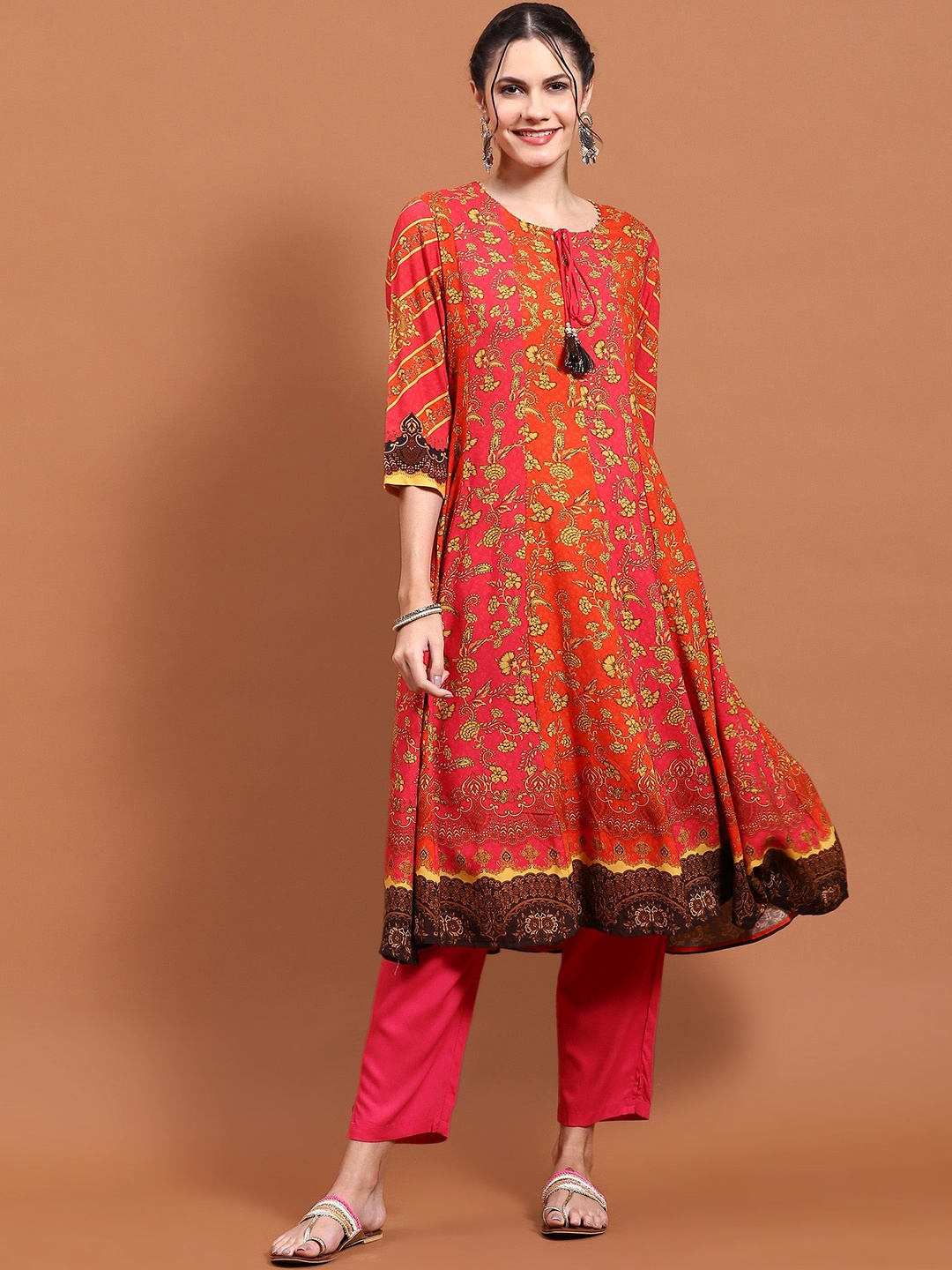 

Shree Floral Printed Tie-Up Neck A Line Kurta, Orange