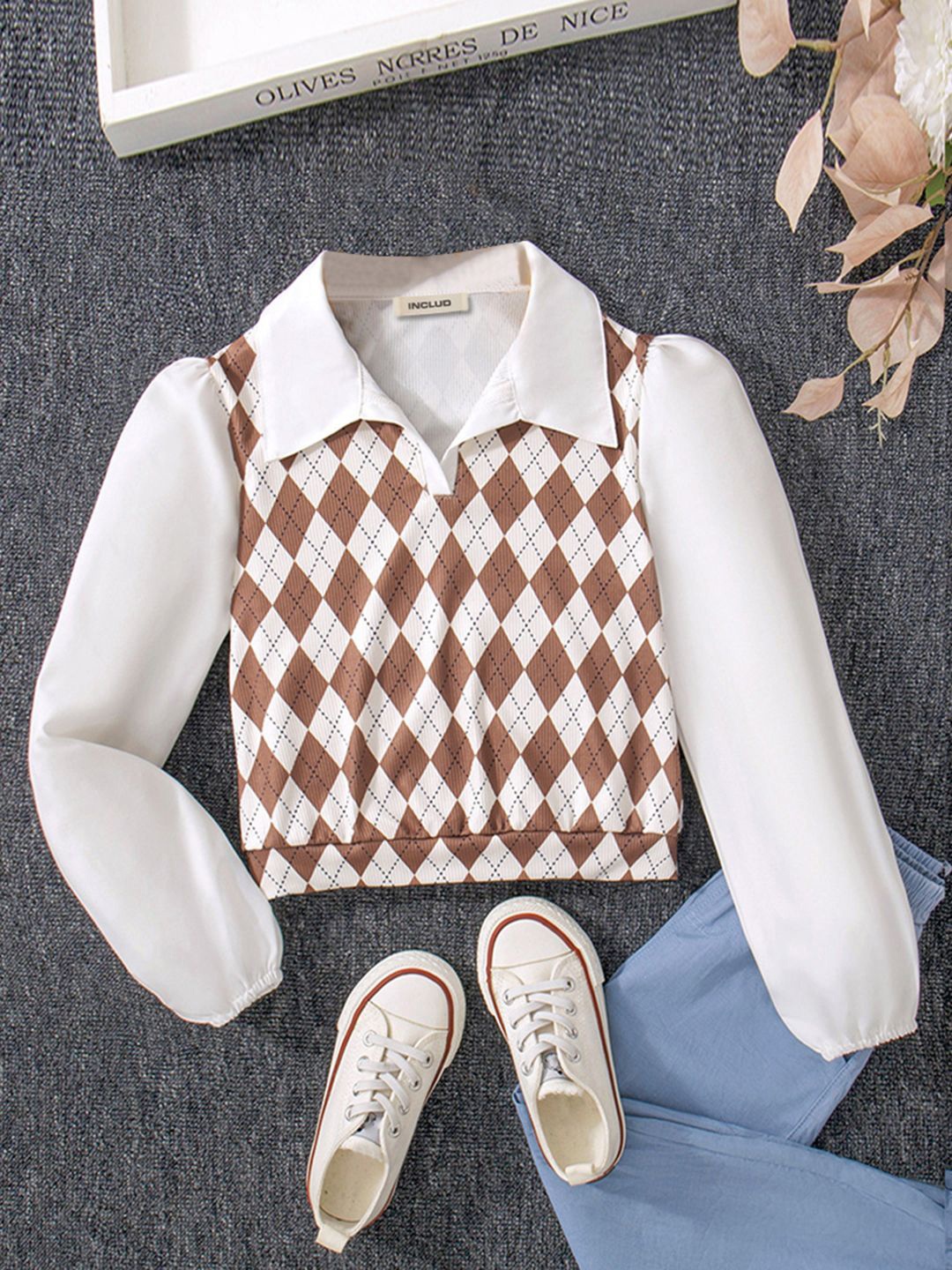 

INCLUD Girls Checked Checked Shirt Collar Top, White