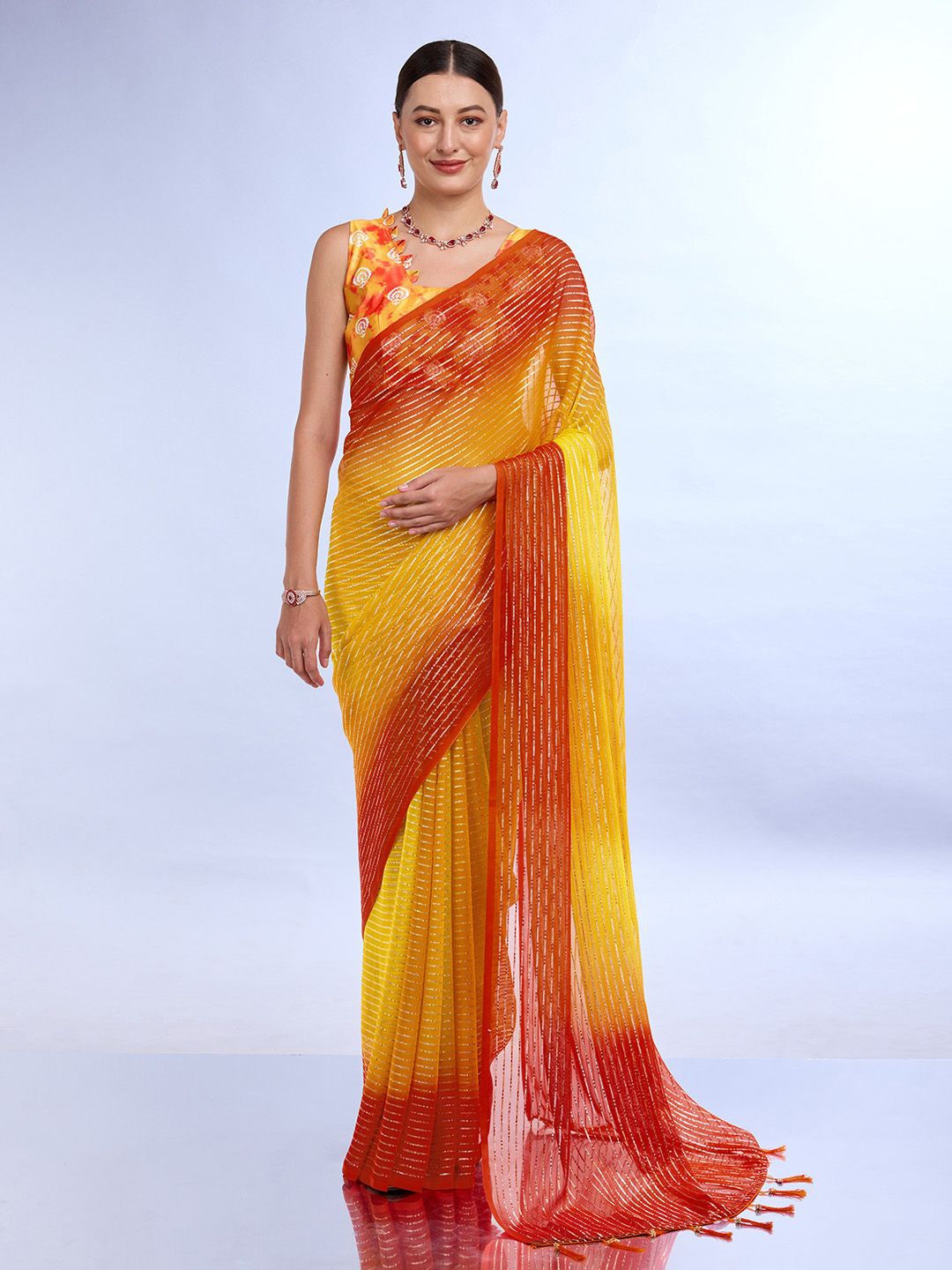 

Ishin Striped Embellished Saree, Yellow