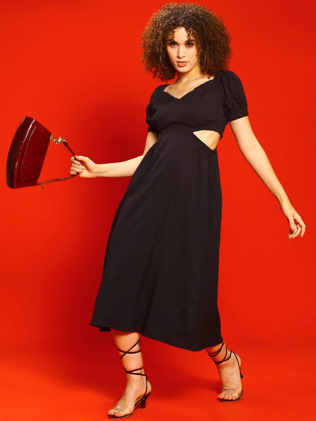 

Sera women Bodycon Square Neck Puff Sleeves Midi Dress, Black